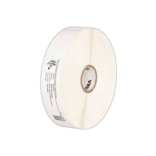 Label, Paper, 2x1.9375in (50.8x49.2mm); DT, 8000D Lab, Coated, Permanent Adhesive, 1in (25.4mm) core, 1000/roll, 6/box, Plain. Slits through facestock create three labels: (2) 1x0.9375 labels and (2) 2x1 labels.