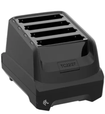 Four-slot battery charger for TC22 / TC27 device's spare batteries.  Power supply (PWR-BGA12V50W0WW), DC cable (CBL-DC-388A1-01), and country-specific AC cable sold separately.