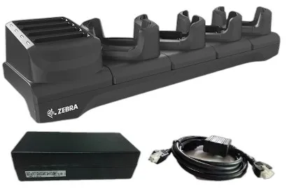 Multi-slot cradle kit to charge up to four TC73 / TC78 devices and four spare batteries. Includes power supply (PWR-BGA12V108W0WW), DC cable (CBL-DC-381A1-01), and four-pack of shims (SHIM-CRD-NGTC7). Country-specific AC cable is sold separately.