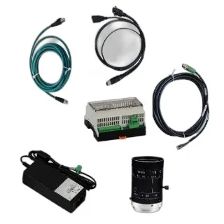 Iris GTX starter kit for GTX2000(C) and GTX5000(C). Includes a power supply, 16 mm C-mount lens, Ethernet cable, power and I/O cable, VGA and USB cable, and I/O breakout box.