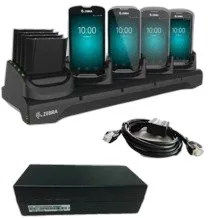 Multi-slot cradle kit to charge up to four TC51 / TC56 devices and four batteries. Includes shims, power supply (PWR-BGA12V108W0WW), and DC cable (CBL-DC-381A1-01). Country-specific AC cable is sold separately