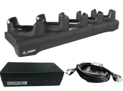 Five-slot Ethernet cradle kit to charge TC73 / TC78 devices. Includes power supply (PWR-BGA12V108W0WW), DC cable (CBL-DC-381A1-01), and five-pack of shims (SHIM-CRD-NGTC7).