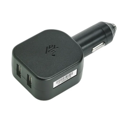 USB cigarette lighter adapter plug used with USB-C cable (CBL-TC5X-USBC2A-01) to charge device. Includes two USB A ports.