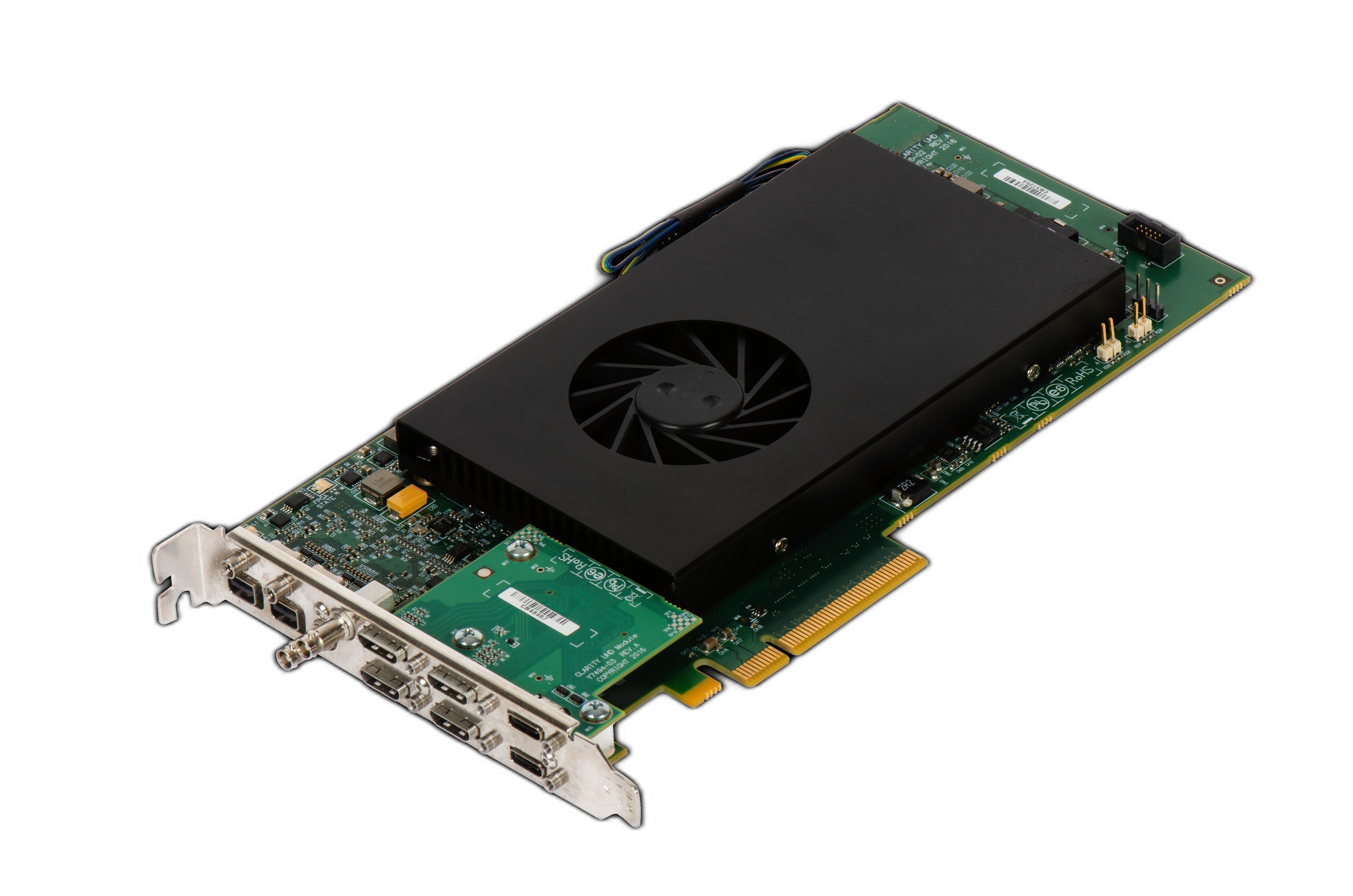 Clarity UHD PCIe 2.0 x8 video capture card with 4GB supporting HDMI, DisplayPort, SDI and analog acquisition, and H.264 encoding.