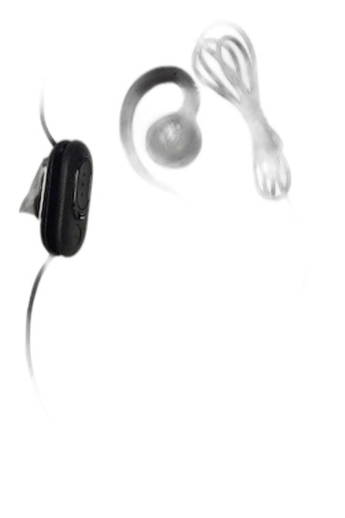 Standard 3.5mm wired headset for Push-To-Talk (PTT) and VoIP with rotating earpiece for right or left ear configuration. Includes built-in cord wrap, PTT button, volume control, and clip to attach to clothing.