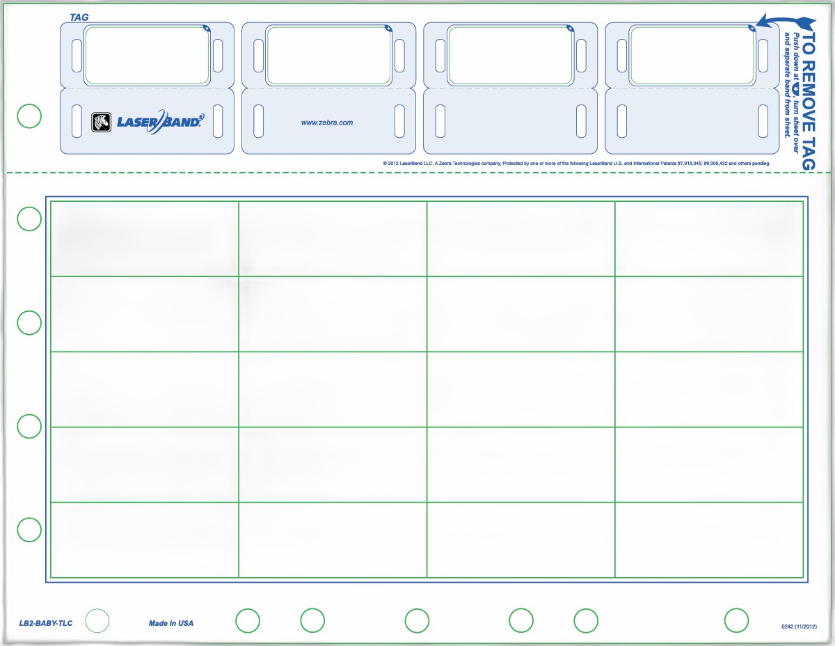 Tags/Labels, Paper/PET, 8.5x11in (216x279mm), Laser, LaserBand 2, Adhesive Closure, Infant, W/20 labels, Hole Punched, 500 sheets/box
