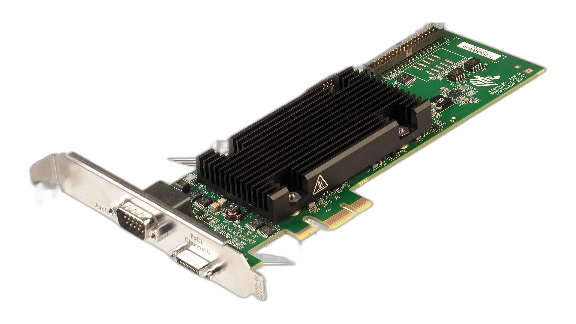 Radient eV-CL dual-Base Camera Link® PCIe® 2.1 x8 frame grabber with 1GB and HDR26 (mini CL) connectors. Includes cable adaptor (aux. I/O).